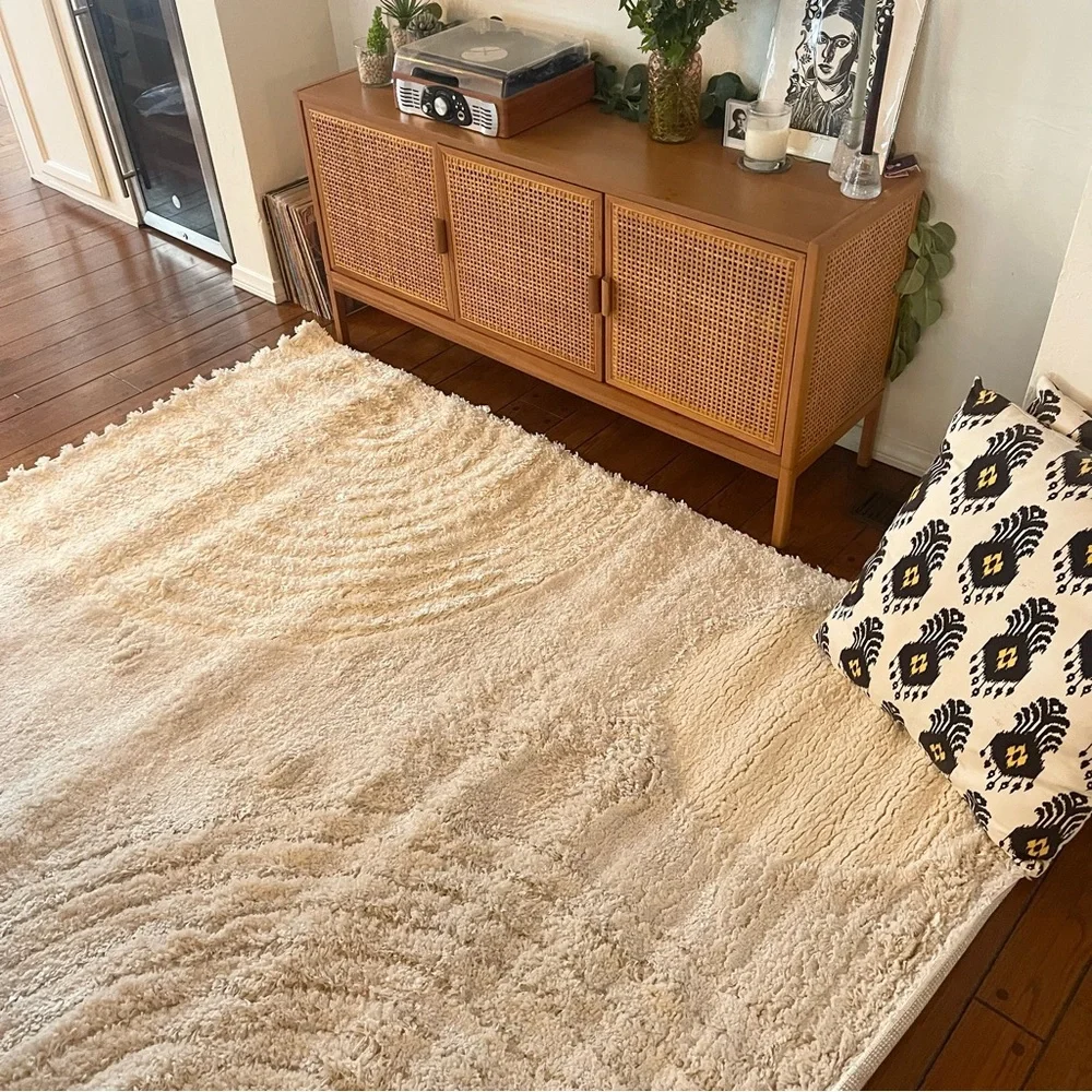 NEW West Elm White Cream Boho Tassel Geometric Shag Area Rug Carpet - 10' x 8'